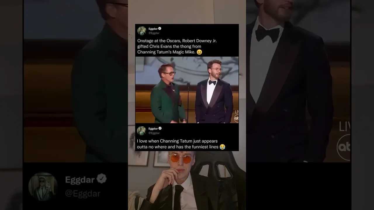 Onstage at the Oscars, Robert Downey Jr gifted Chris Evans the prop from Channing Tatum's Magic Mike